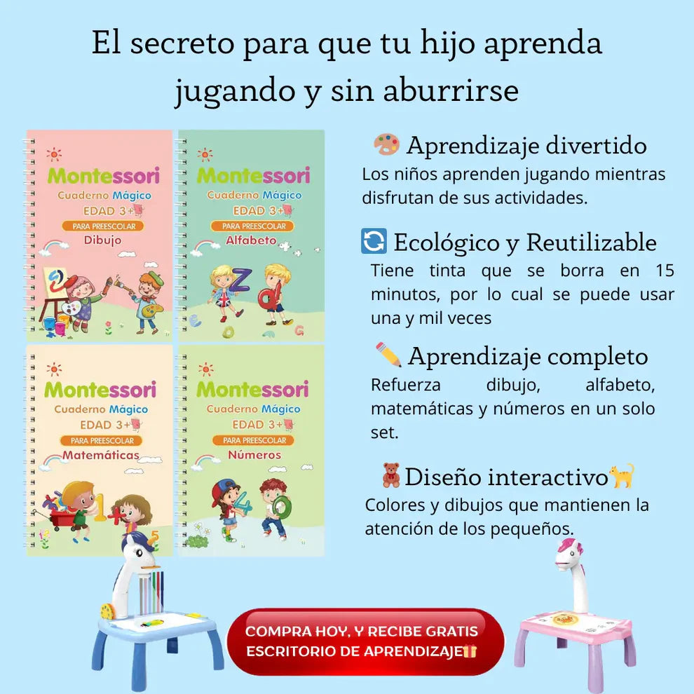 💡 MENOS PANTALLAS, MÁS SALUD 🧠 Escritorio de Aprendizaje con Proyector LED 🧸 + Pack 4 Cuadernos Mágicos GRATIS 🎁